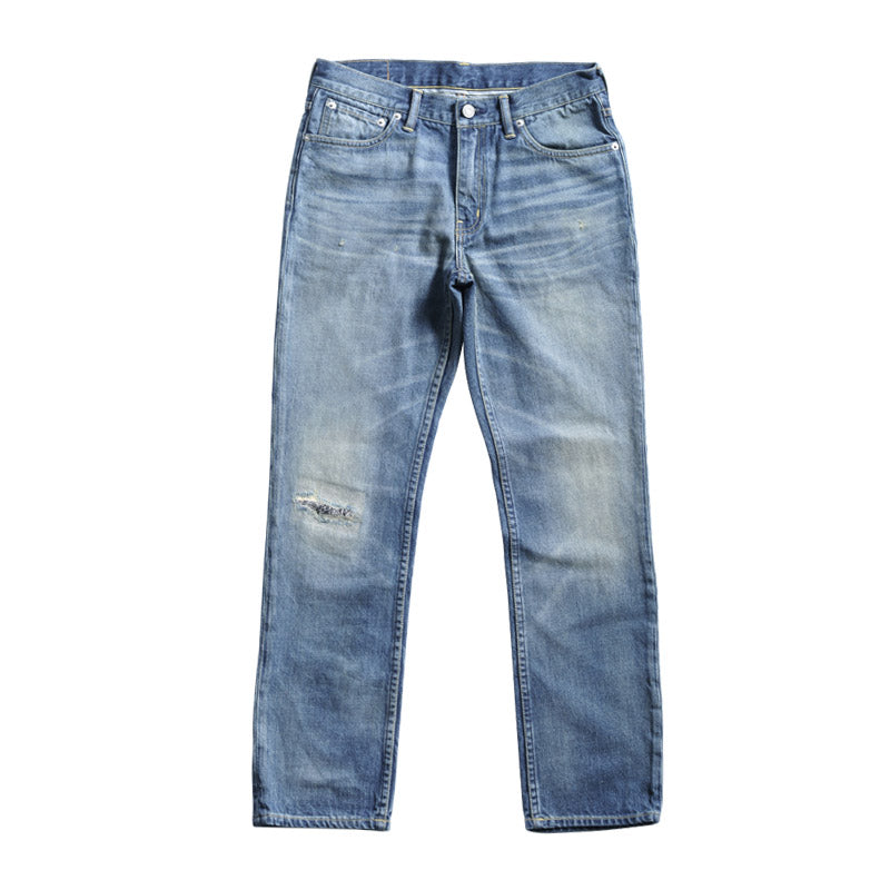 Washed Red Ear Denim Slim Straight Hole Jeans