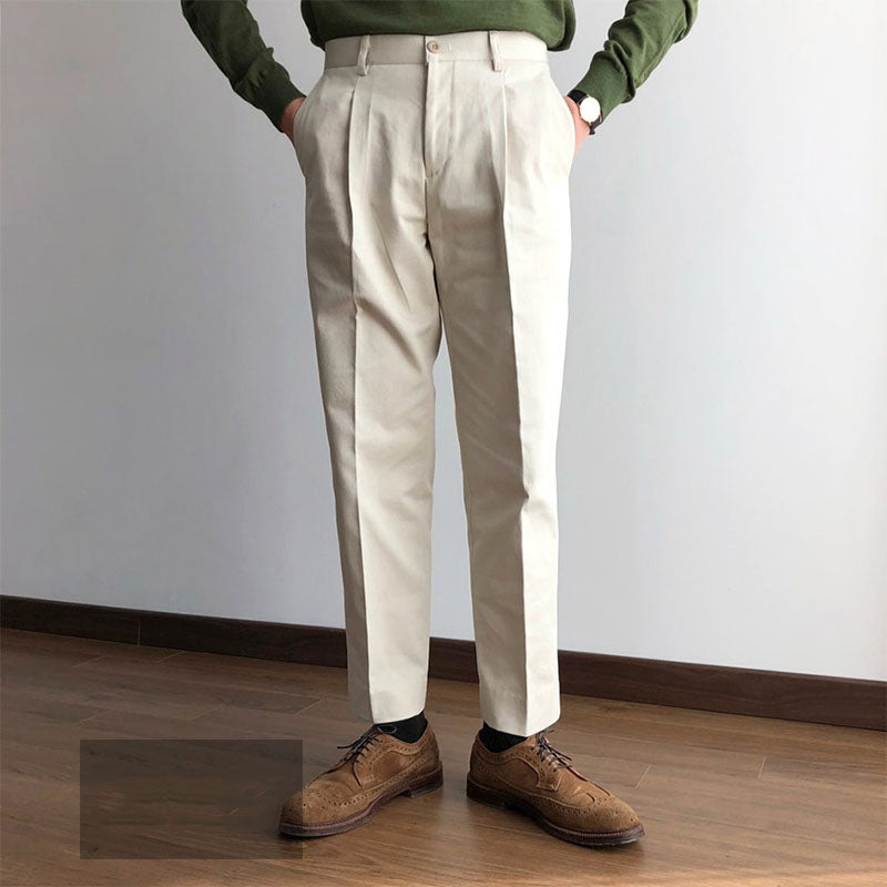 Single Pleated Twill Chino Straight Cotton Trousers