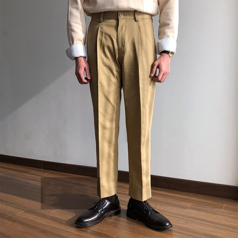 Single Pleated Twill Chino Straight Cotton Trousers