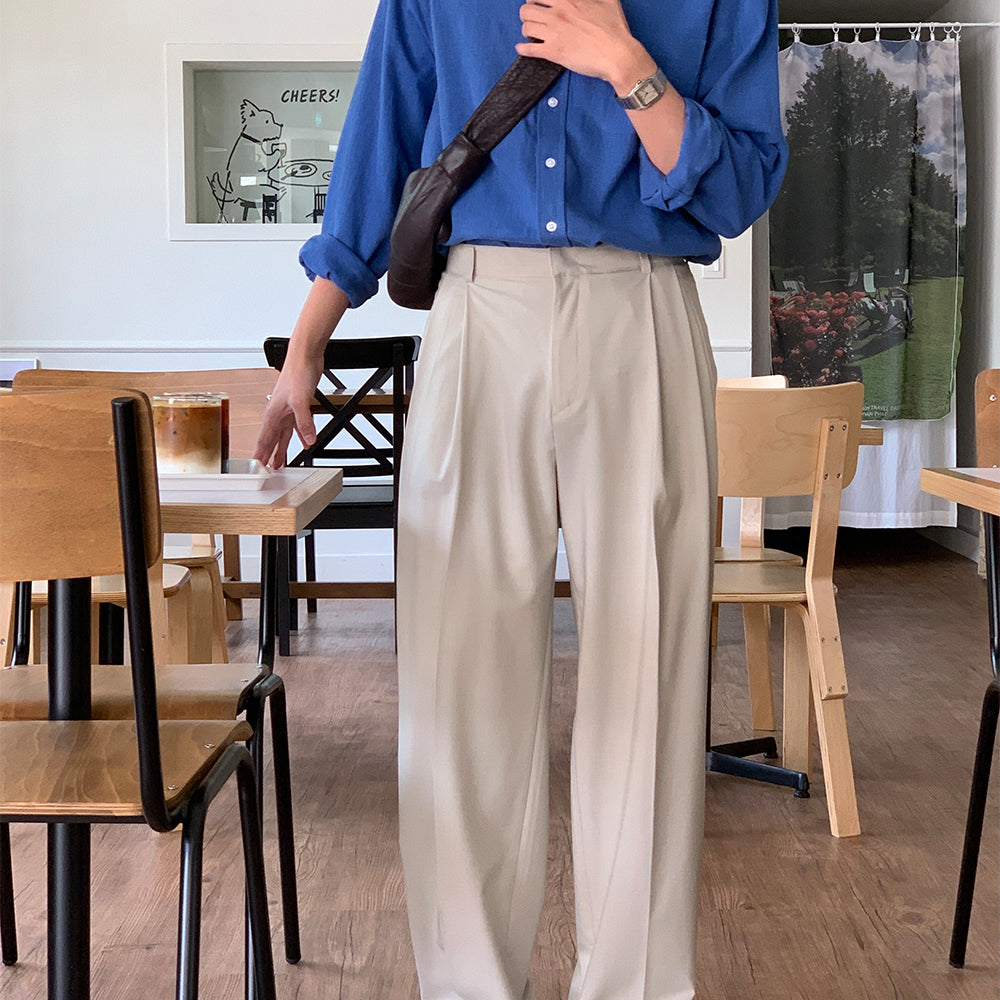 Wide-legged Solid Color Drape Double-pleated Trousers
